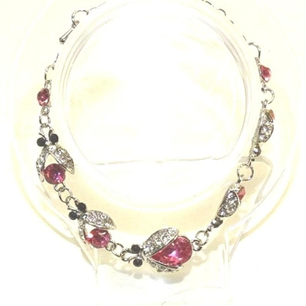 Bracelet Ladybug Silver Tone Pink Rhinestone Lobster Clasp Whimsical New